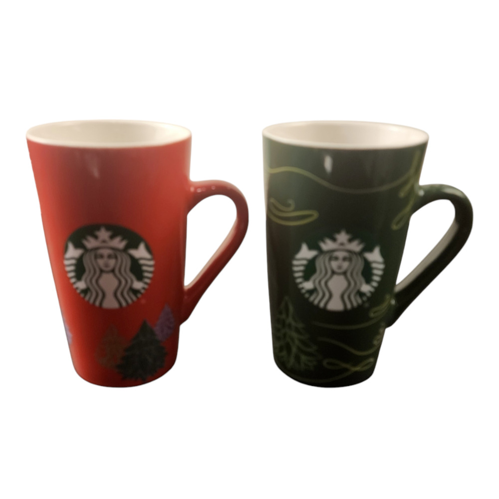 Starbucks2020 Red and Green Christmas Holiday Trees Coffee Mugs 16 oz Set~ 2